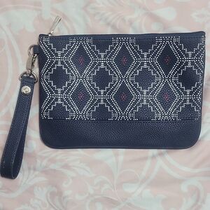 Thirty One Jewel Chic Navy Blue Clutch Wristlet Pouch with Geometric Design